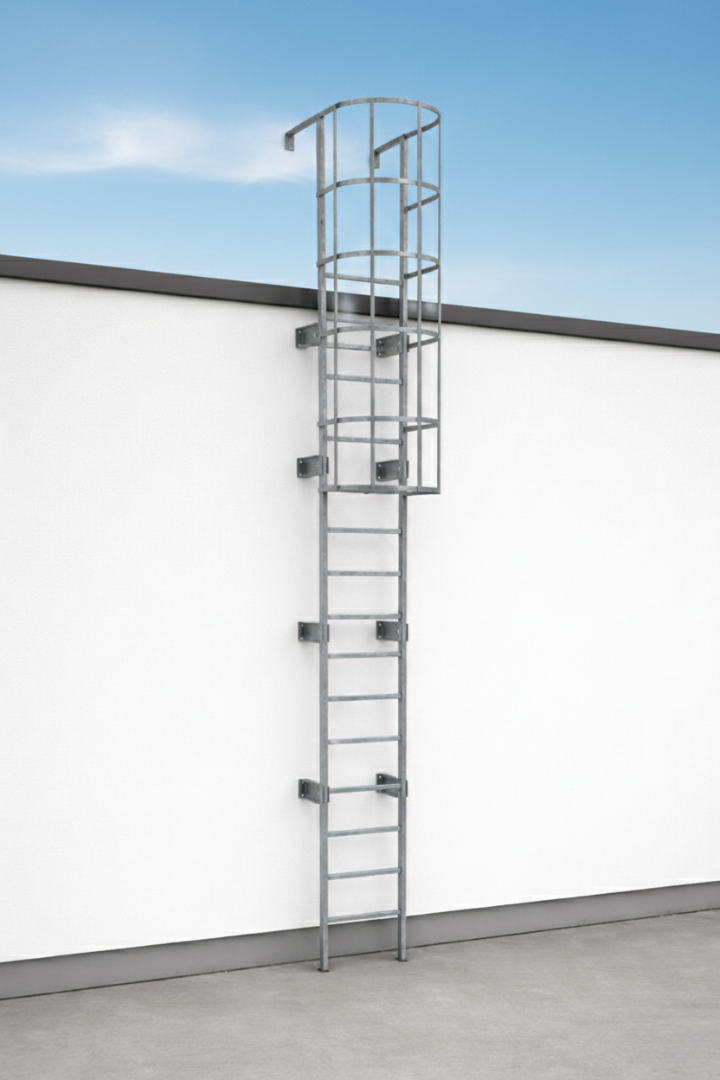 Drabina ewakuacyjna z koszem ochronnym DIN 14094