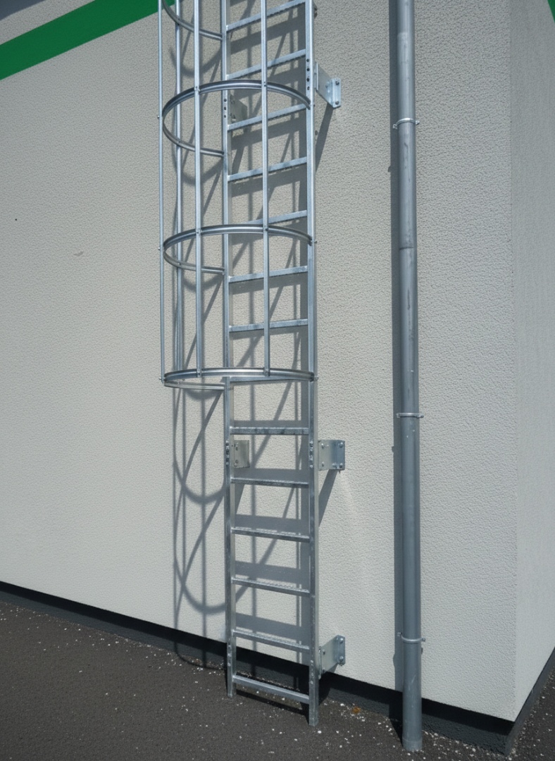 Drabina ewakuacyjna z koszem ochronnym DIN 14094