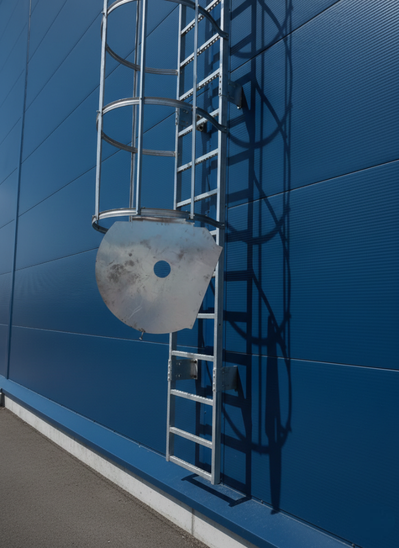 Drabina ewakuacyjna z koszem ochronnym DIN 14094