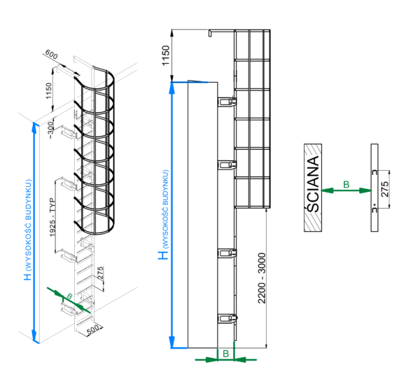 Schemat techniczny drabiny z koszem